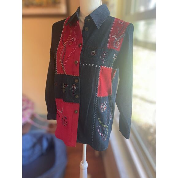 VTG Napa Valley Petites Womens Patchwork Denim Button Down Shirt Top SMALL Jean - Picture 8 of 16